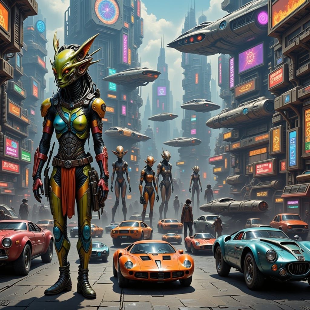 Futuristic Sci-Fi Cityscape with Aliens and Flying Cars