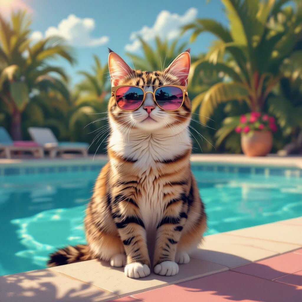 Cat with Sunglasses Lounging in Retro-Futuristic Style