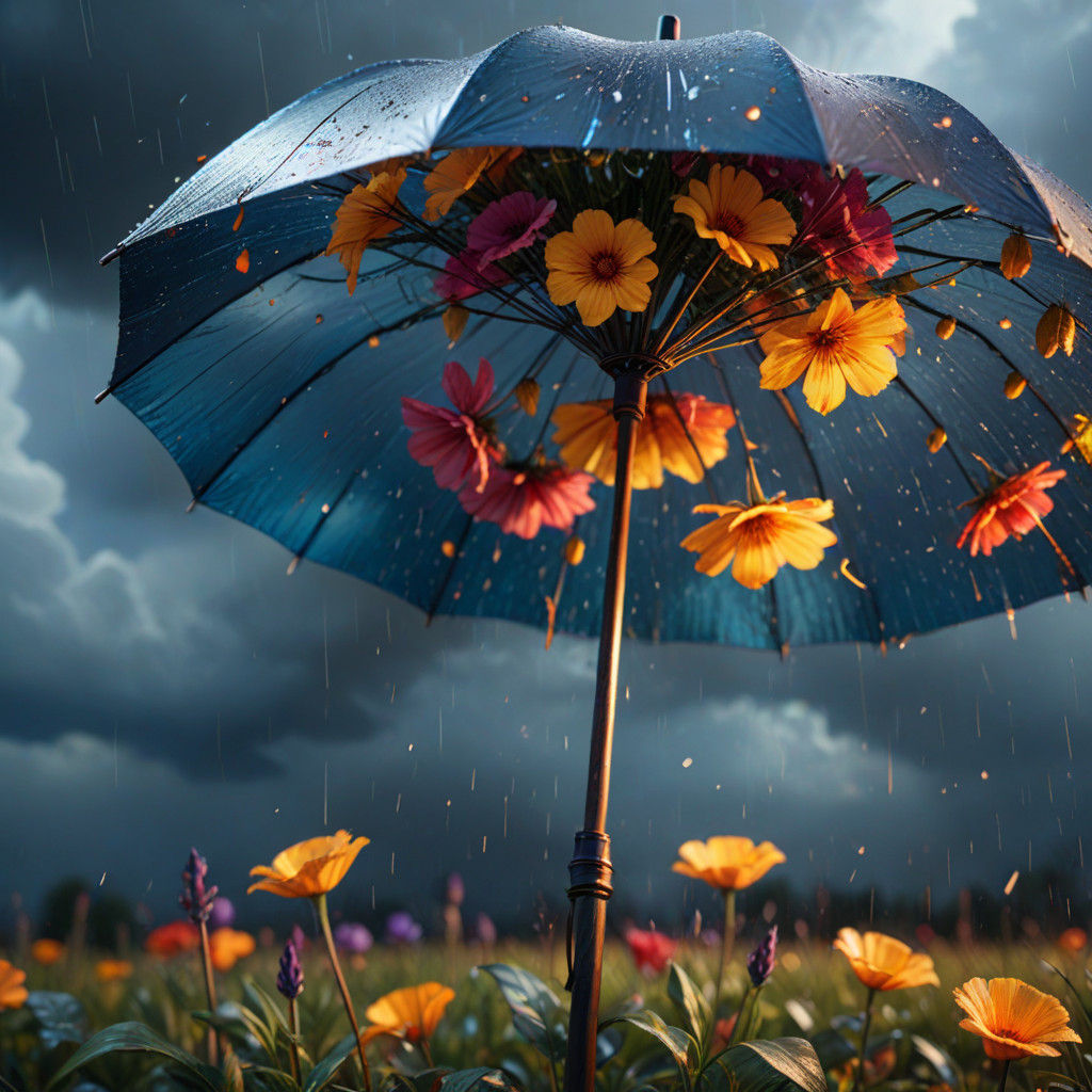 Vibrant Floral Umbrella in Turbulent Storm