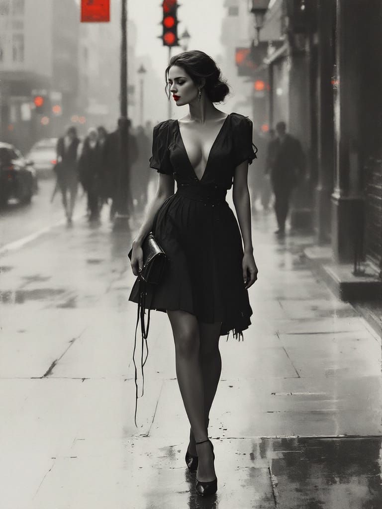 Gothic Pin-Up Woman in Luminous Monochrome Cityscape