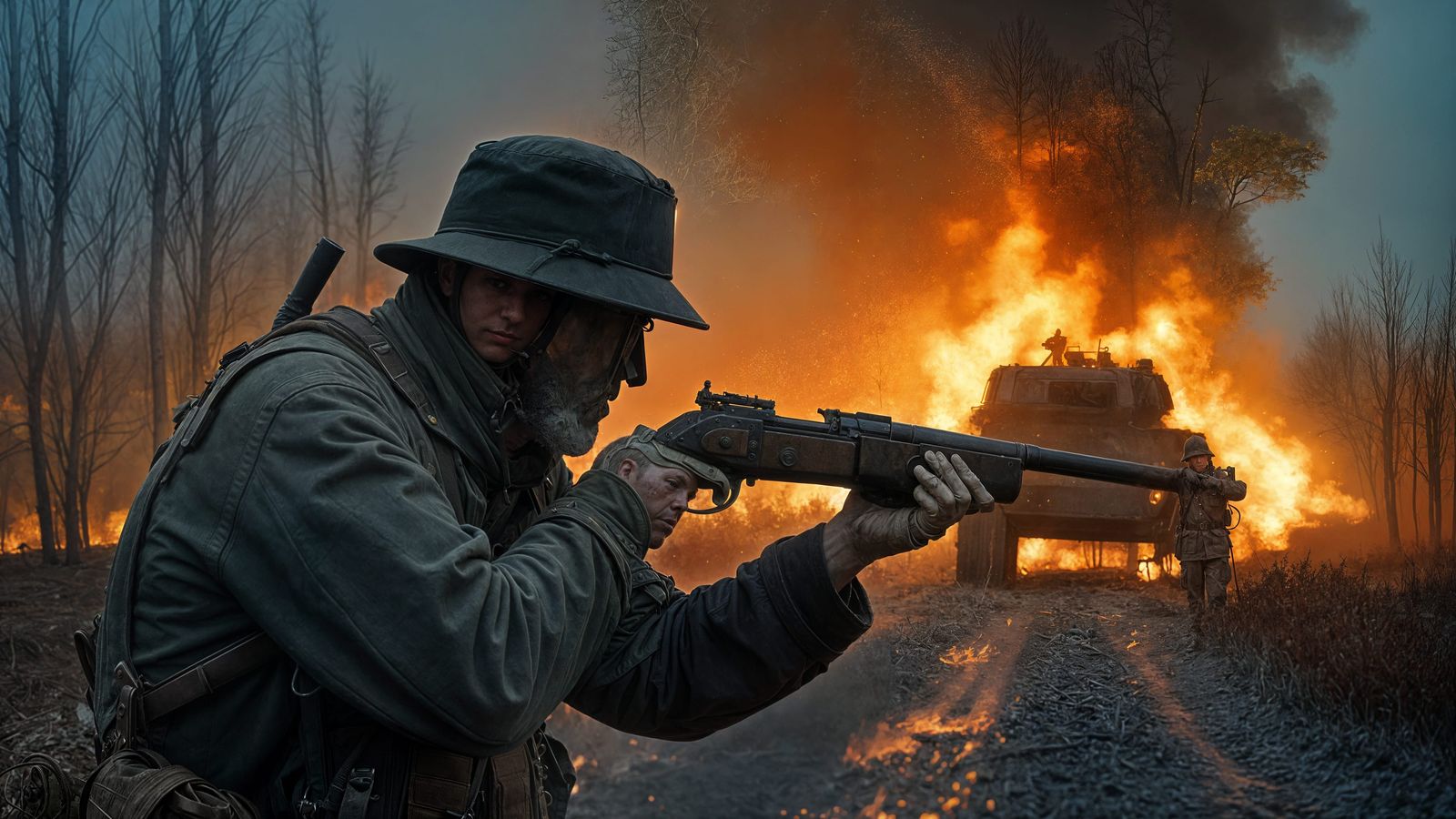War-Torn Landscape with Soldier and Burning Tank