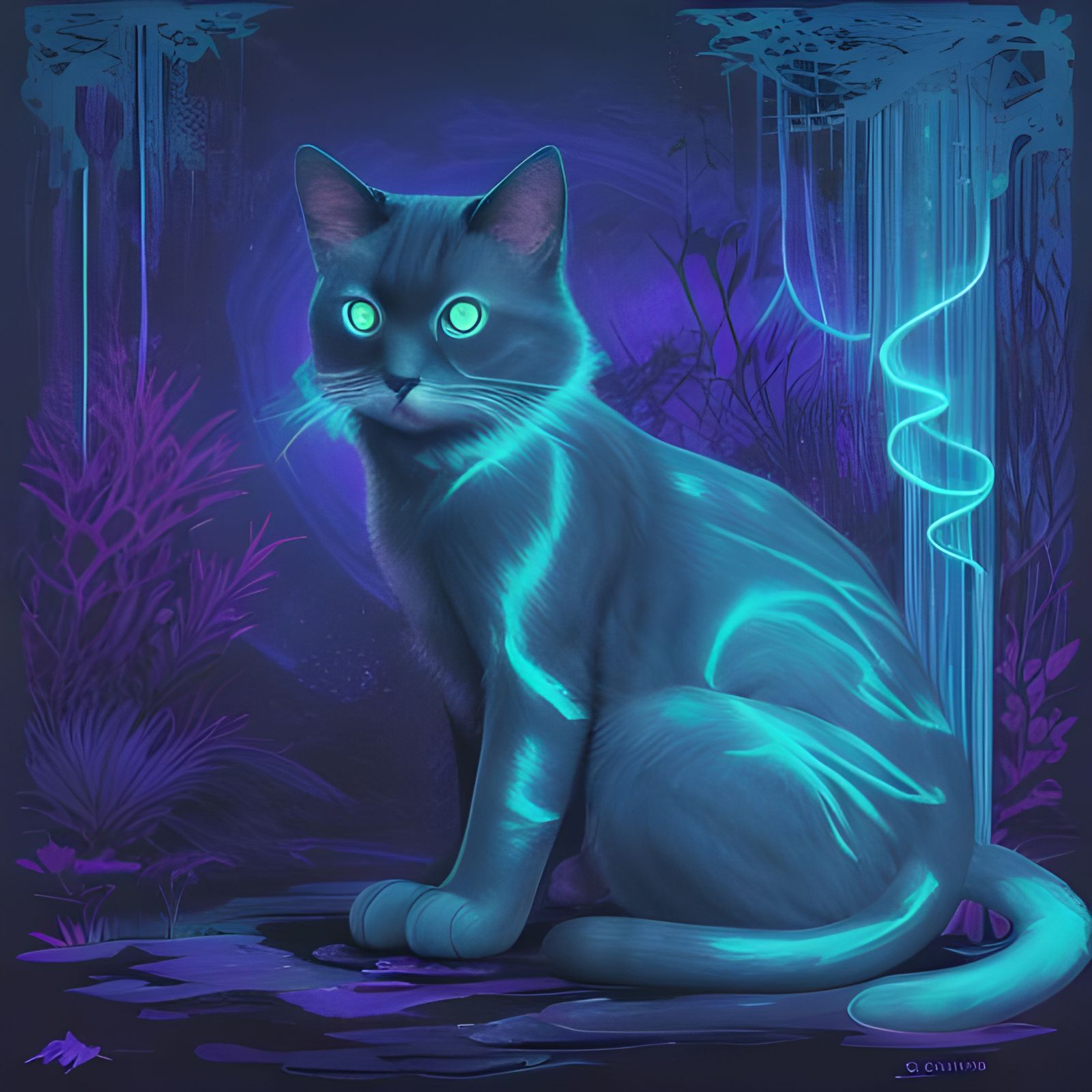 Bioluminescent Cat in Abstract Bay