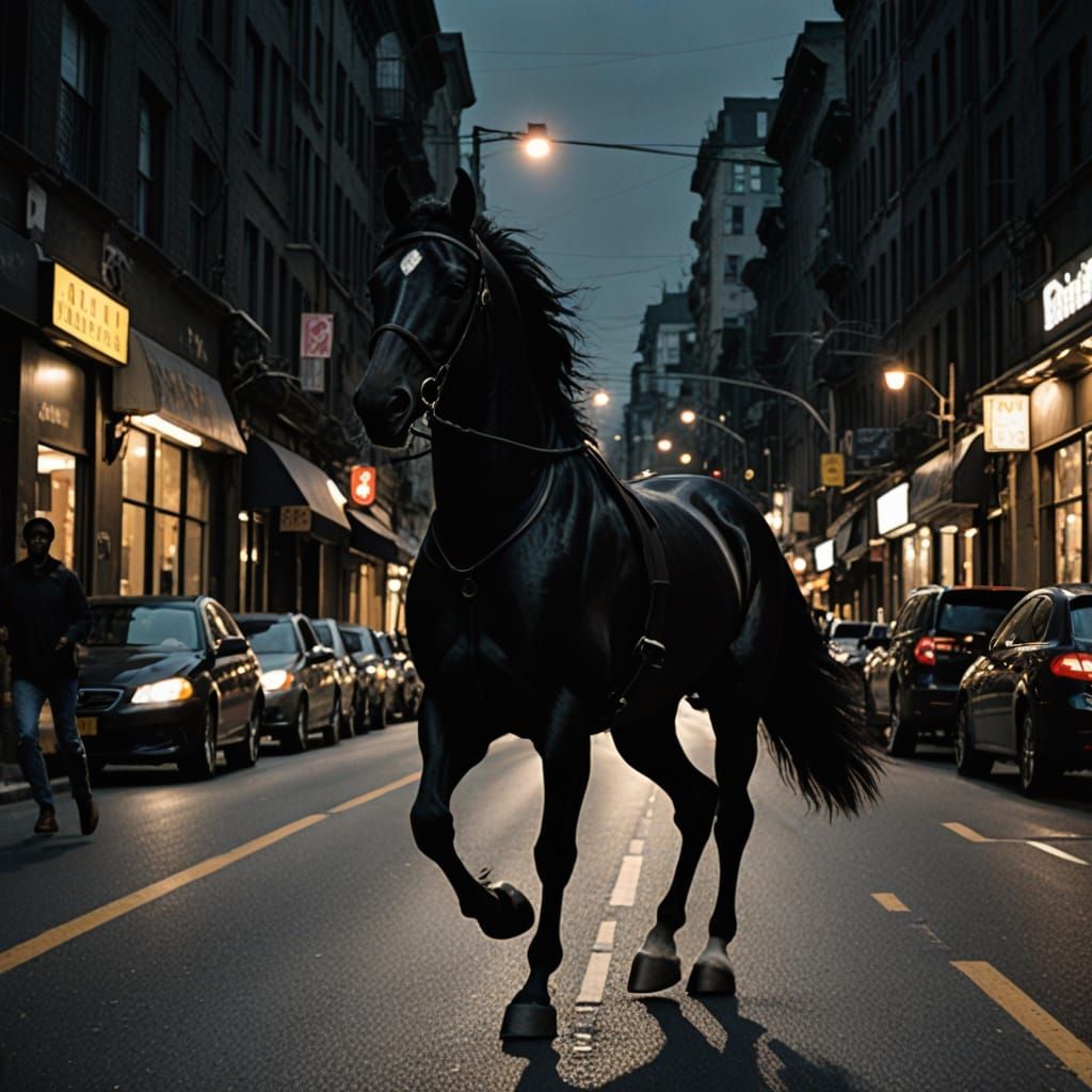 Majestic Black Horse Gallops Through Shadows