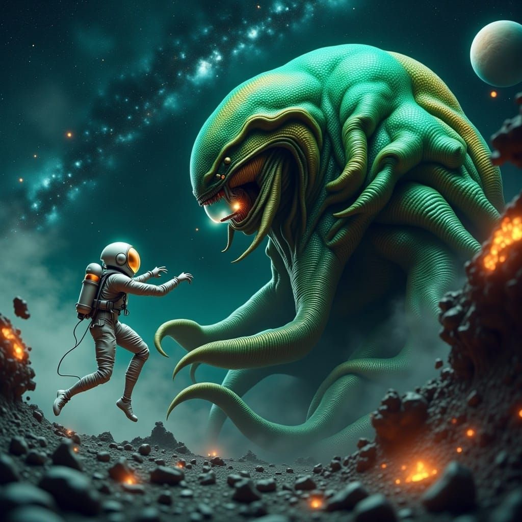 Astronaut's Cosmic Battle with Scaly Space Monster