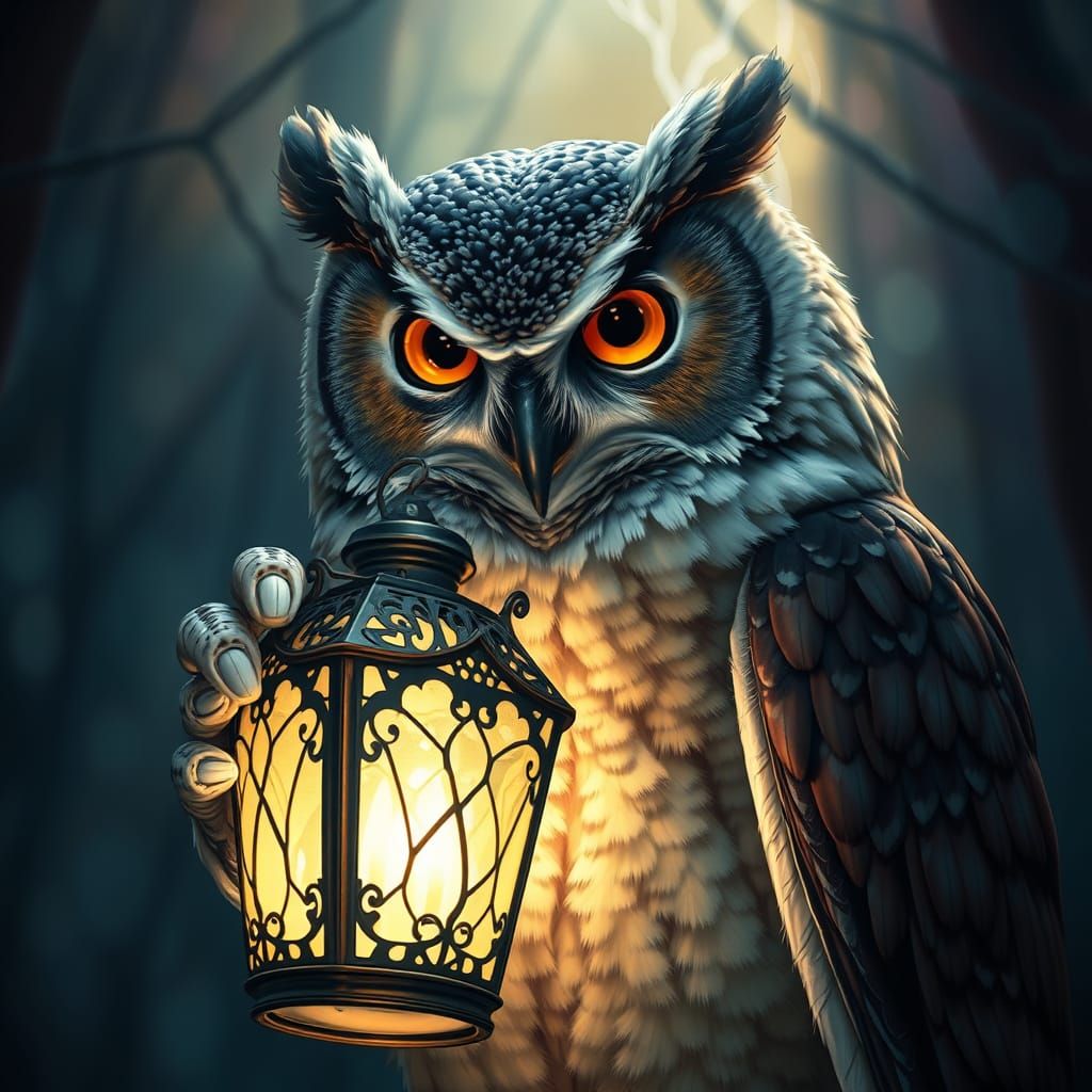 Ornate Lantern Held by Professorial Owl
