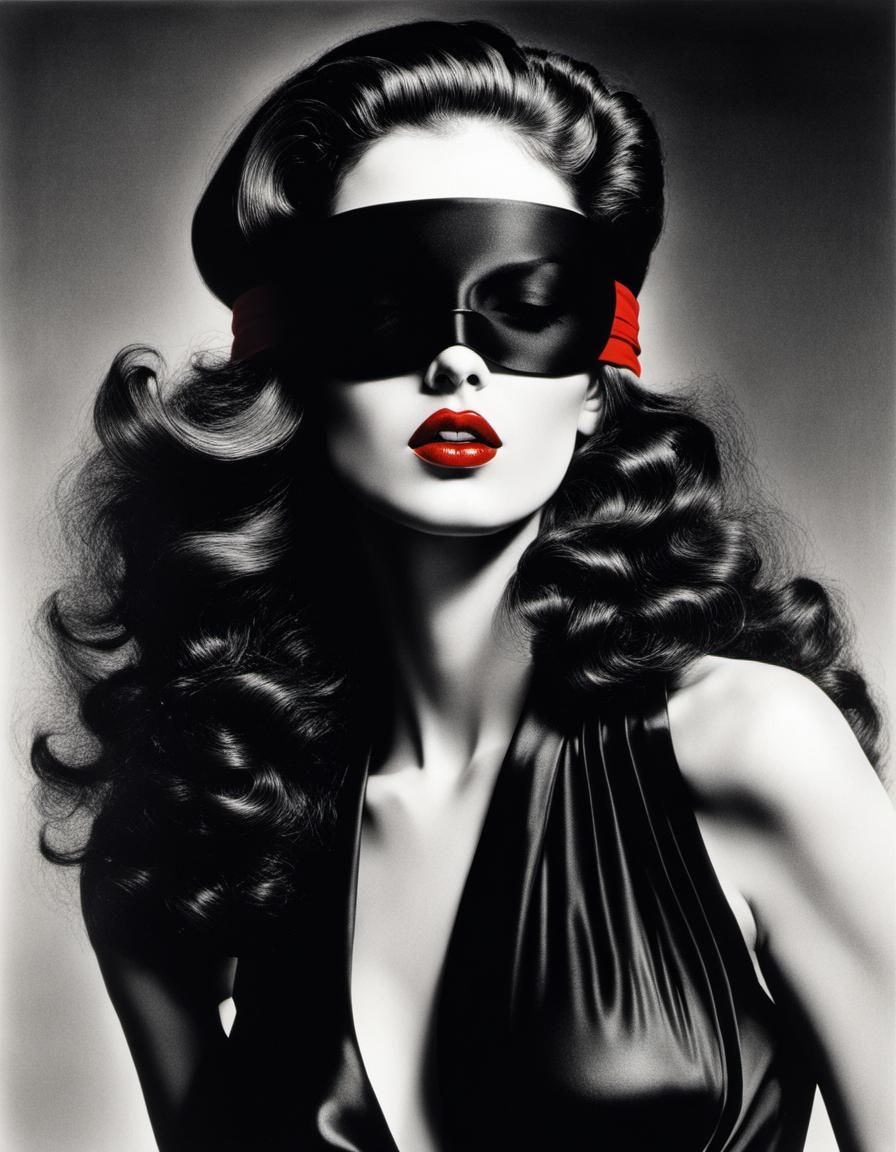 Brunette with Red Lipstick in Photographic Etching Style