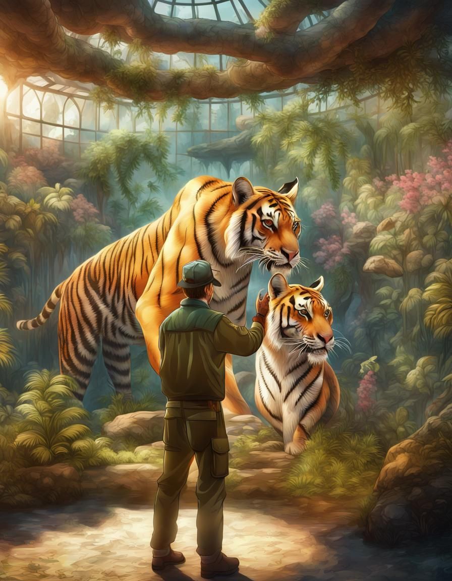 Zookeeper Feeding Tiger: Detailed Fantasy Landscape