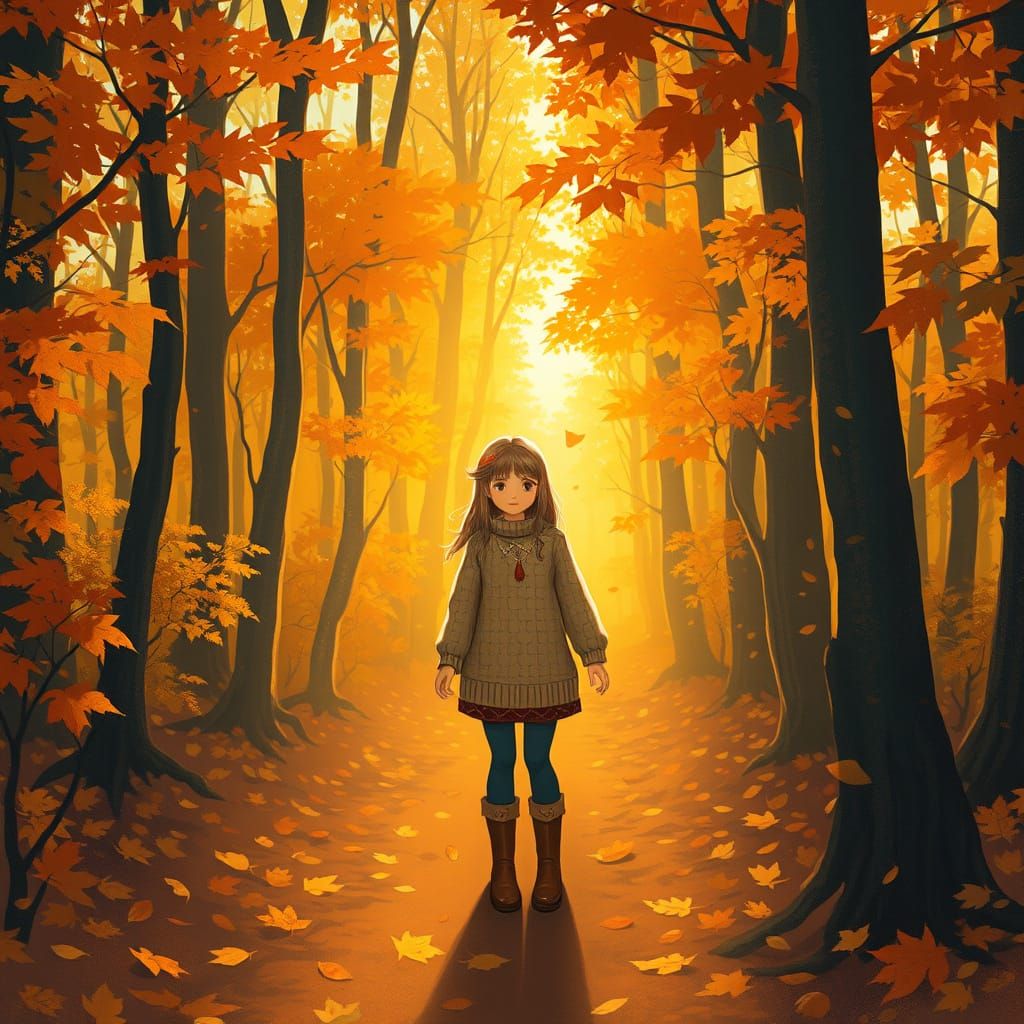 Girl in Autumn Woods, Whimsical Illustration