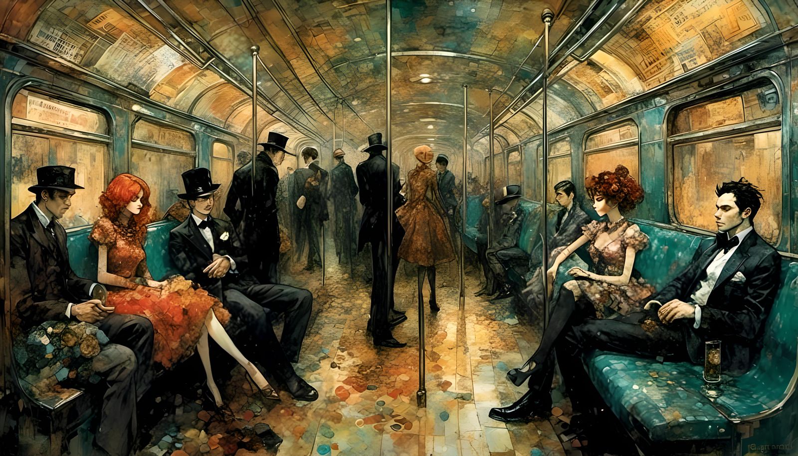 Vampires in Love on Subway Train in Art Nouveau Style