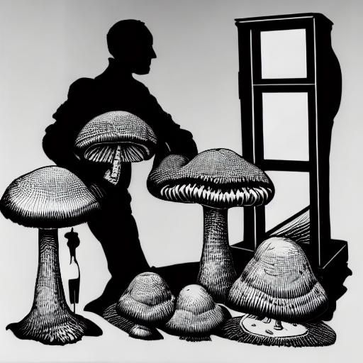 Fly Agaric Mushrooms in Glass Case: Linocut Style