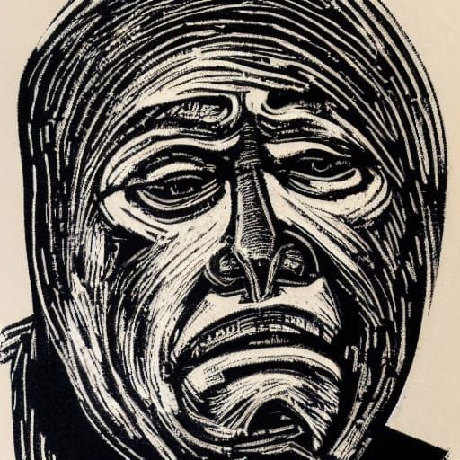 Grieving Mother and Child: Expressionist Linocut Portrait