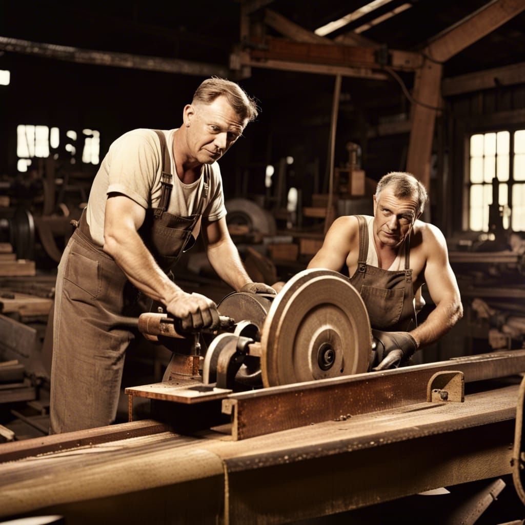 1950s Sawmill Workers in Matte Painting Style