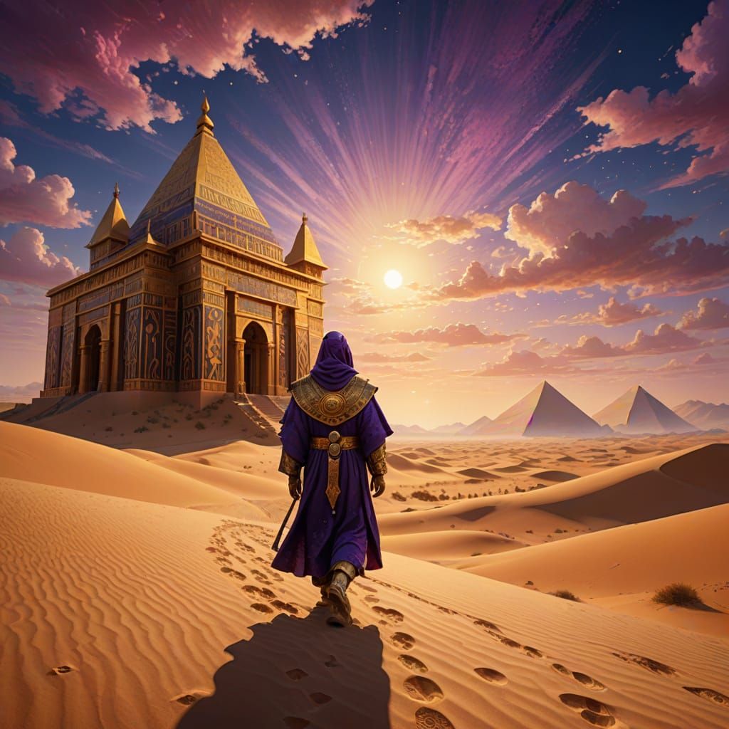 Elegant Desert Pilgrim Approaches Ancient Temple in Golden H...