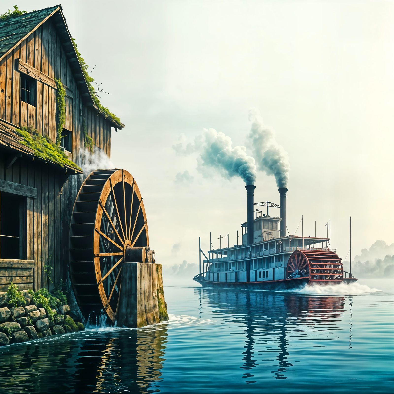 Majestic Waterwheels Amidst Serene Waterscape
