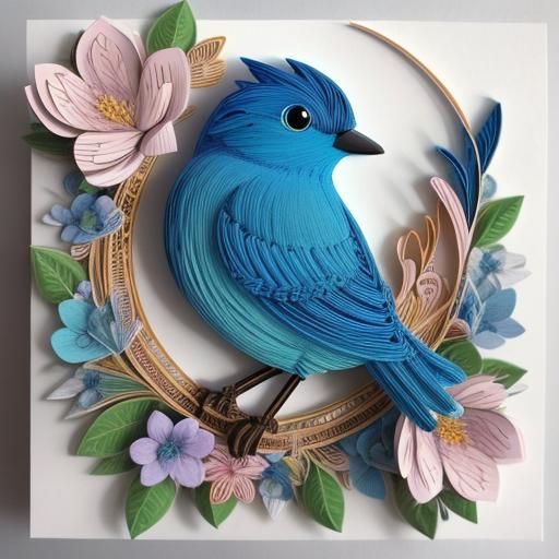 Intricate Paper Quilled Bluebird in Pastel Forest