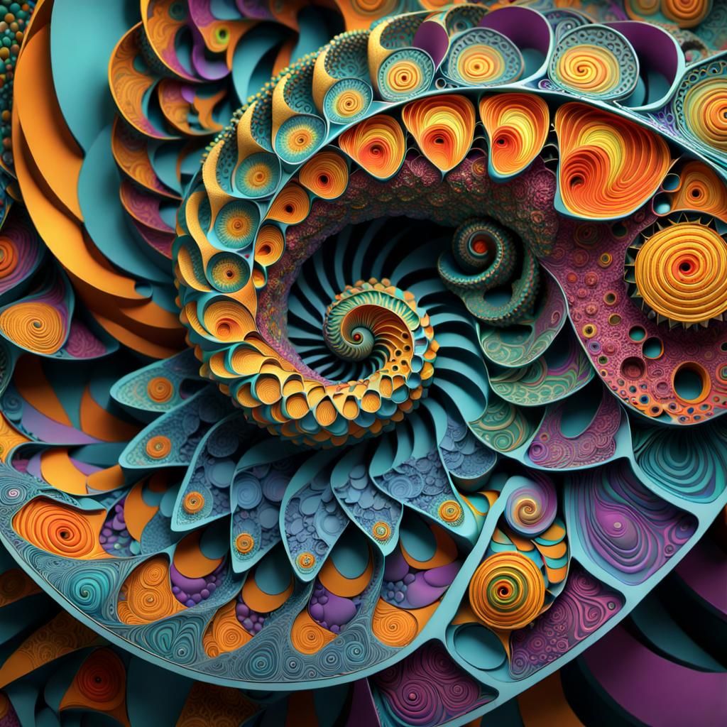Geometric Fractal Nautilus in Polychrome 3D Render
