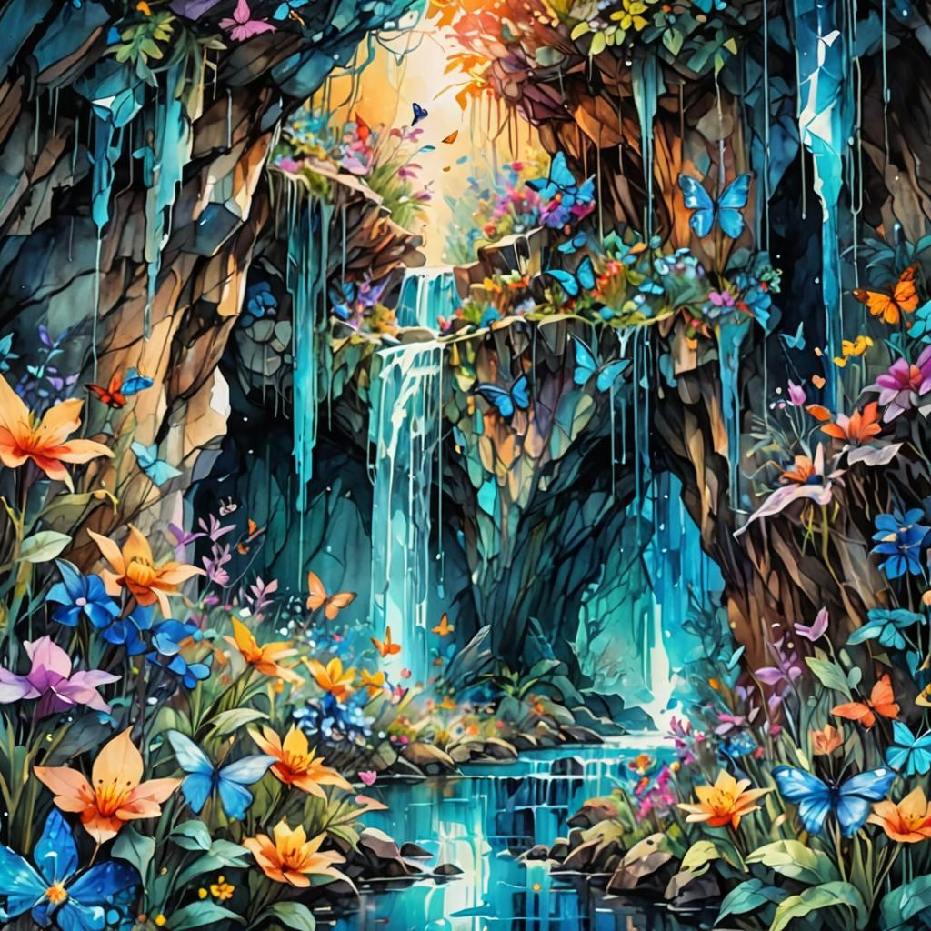 Psychedelic Crystal Cave with Spring Flower Garden