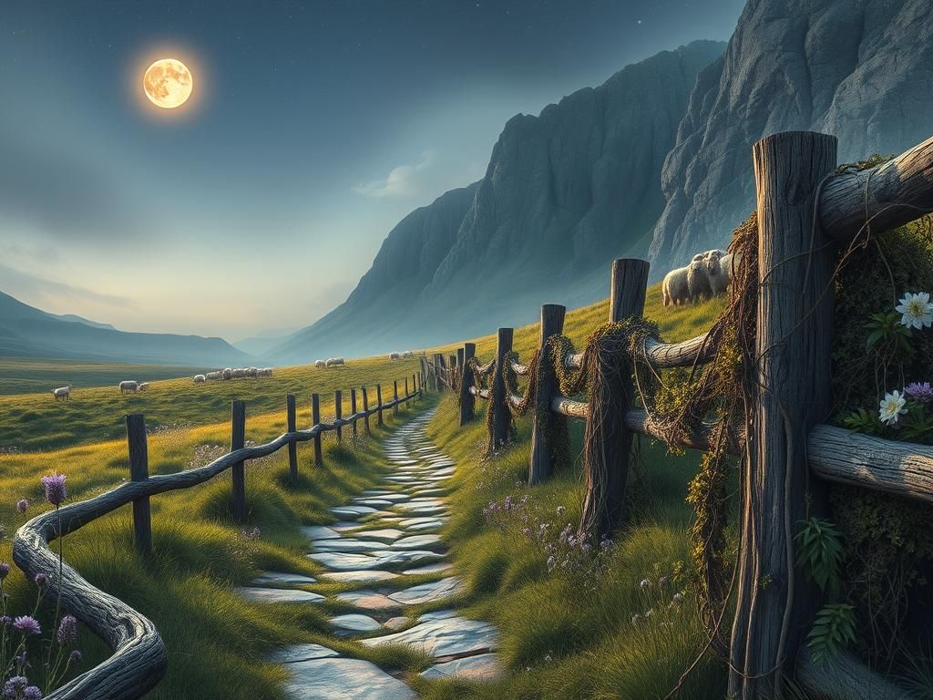 Mystical Hochrhön Meadows in Lunar Glow with Ancient Path an...