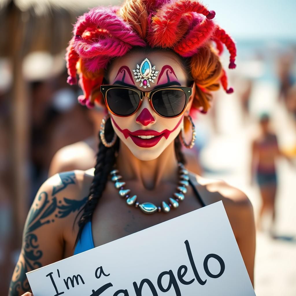 Vibrant Clown Portrait at Beach Party