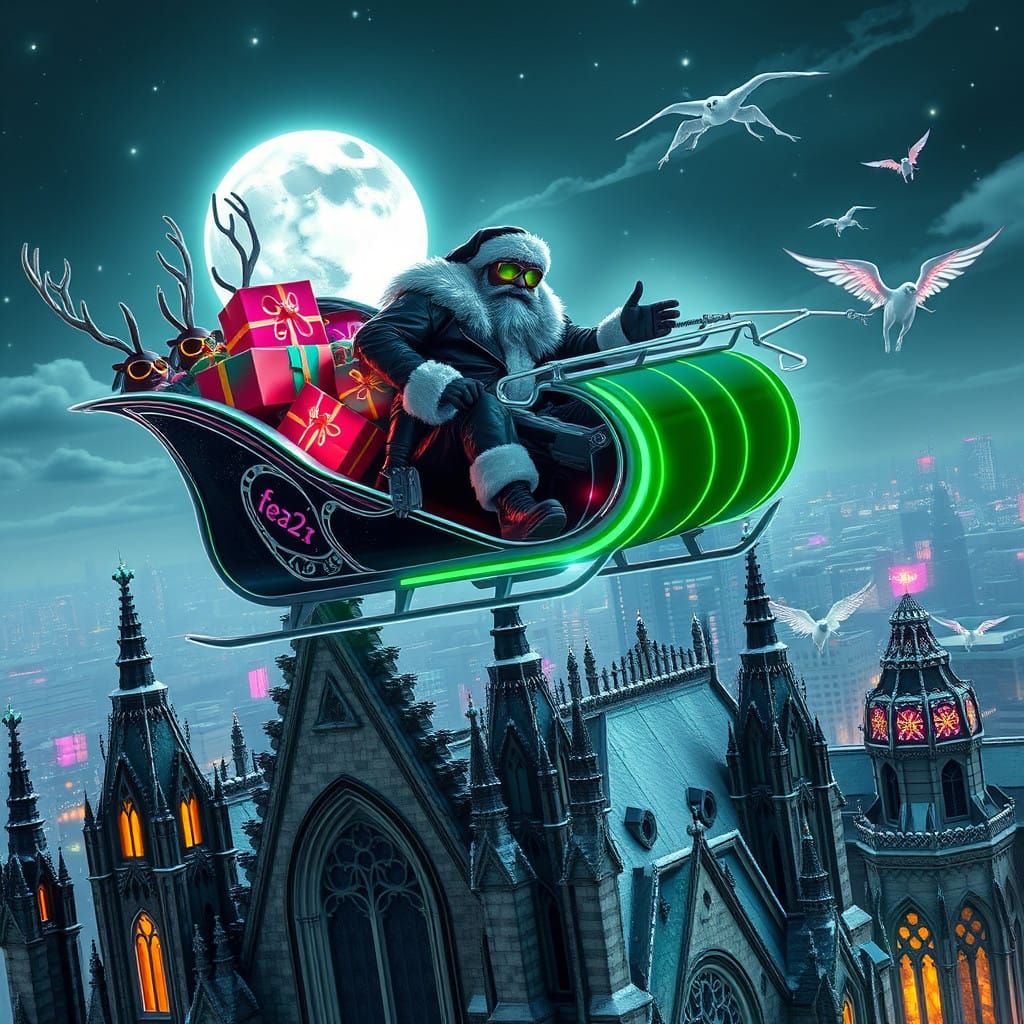 Cyberpunk Santa Claus Soars Through Moonlit Skies in High-Te...