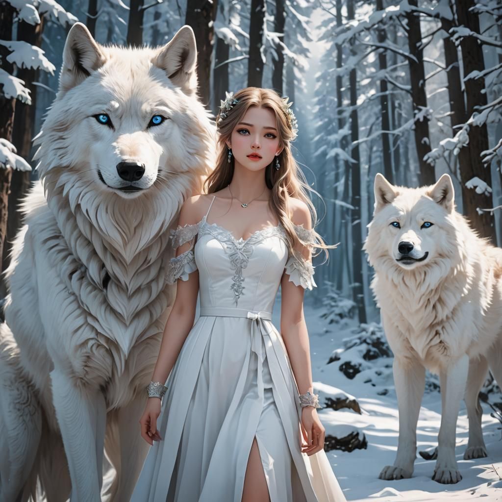 Woman and Wolf in Snowy Forest: 3D Anime Art
