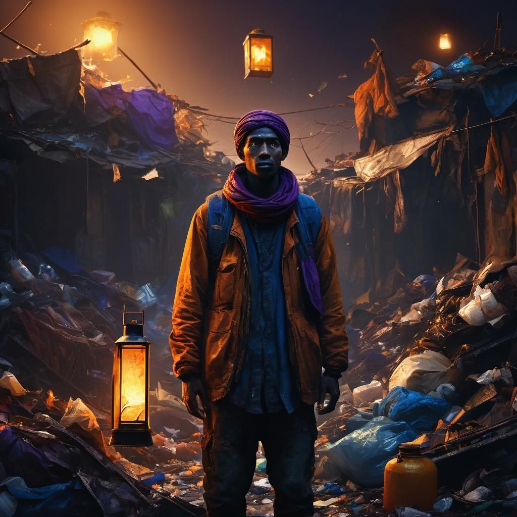 Dark Fantasy Refugee in Dystopian Cityscape