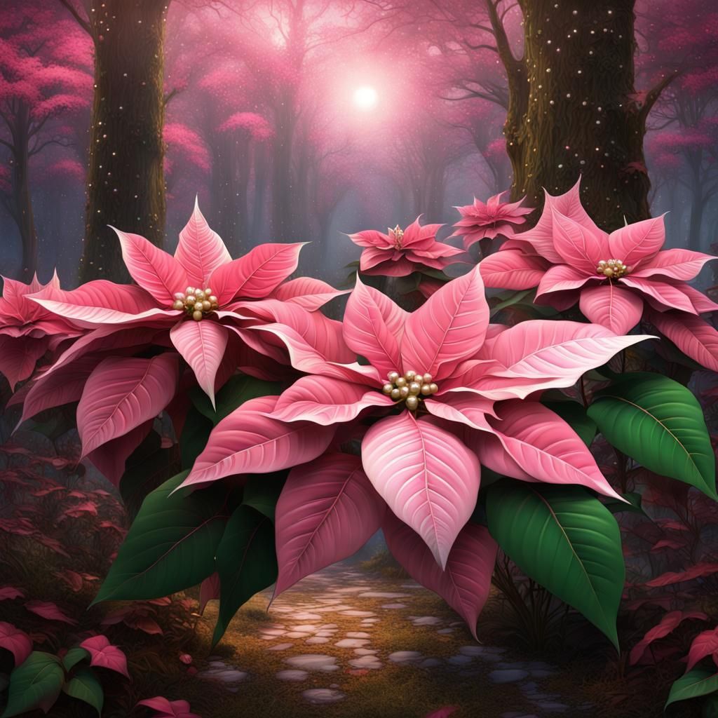 Poinsettias Dancing in Woods: Fantastical Matte Painting