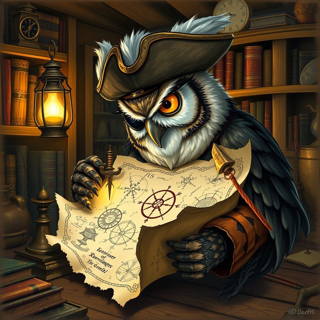 Wise Owl Pirate Seeks Knowledge, Fantasy Art