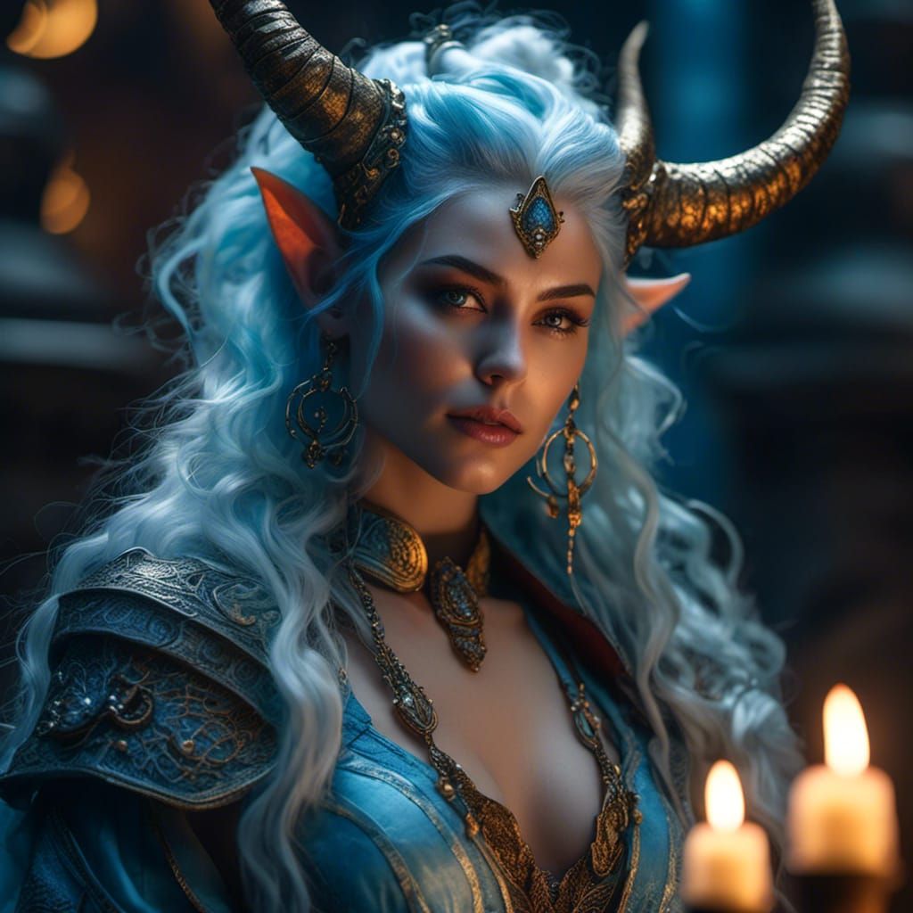 Sensual Tiefling Cleric in Candlelight Temple