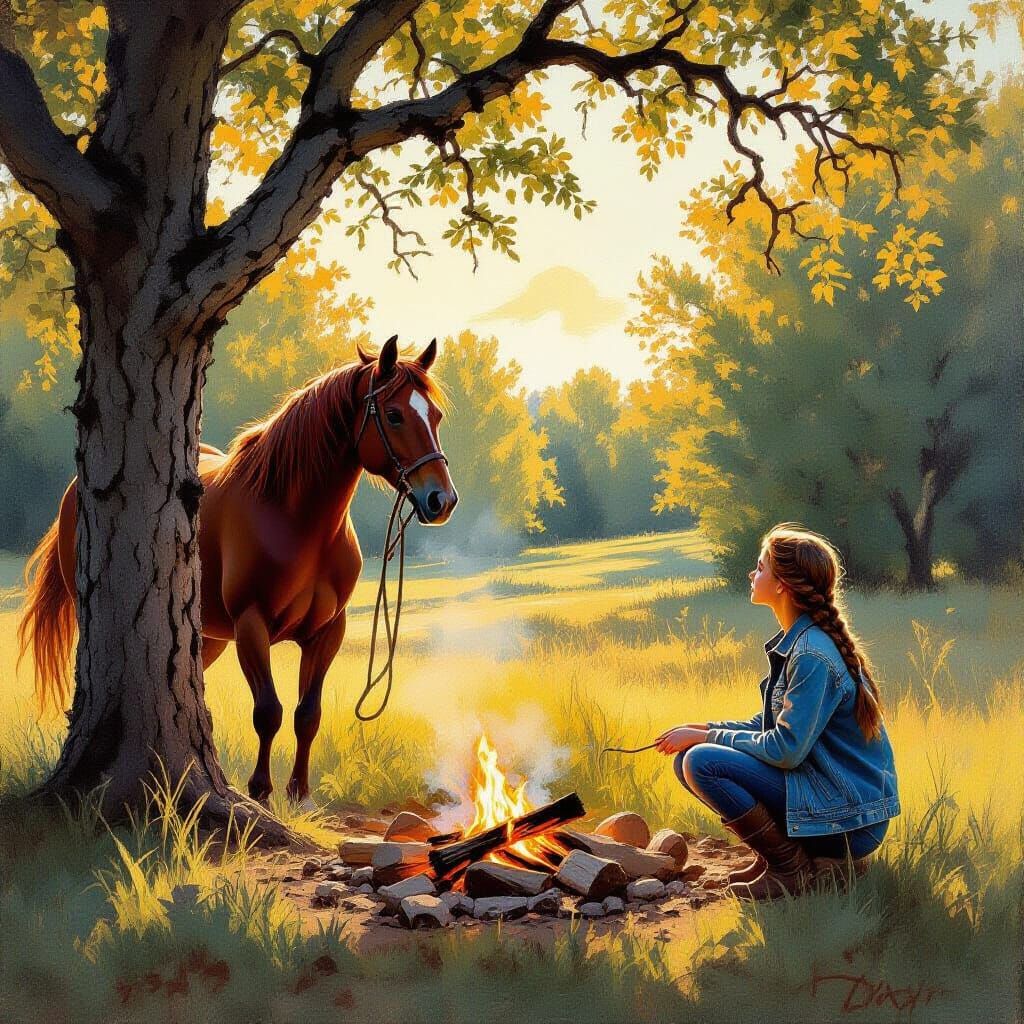 Girl Watches Horse Bolt in Golden Hour Oil Painting