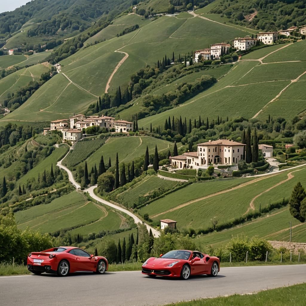 Ferrari Parked on Hillside Near Italian Villa