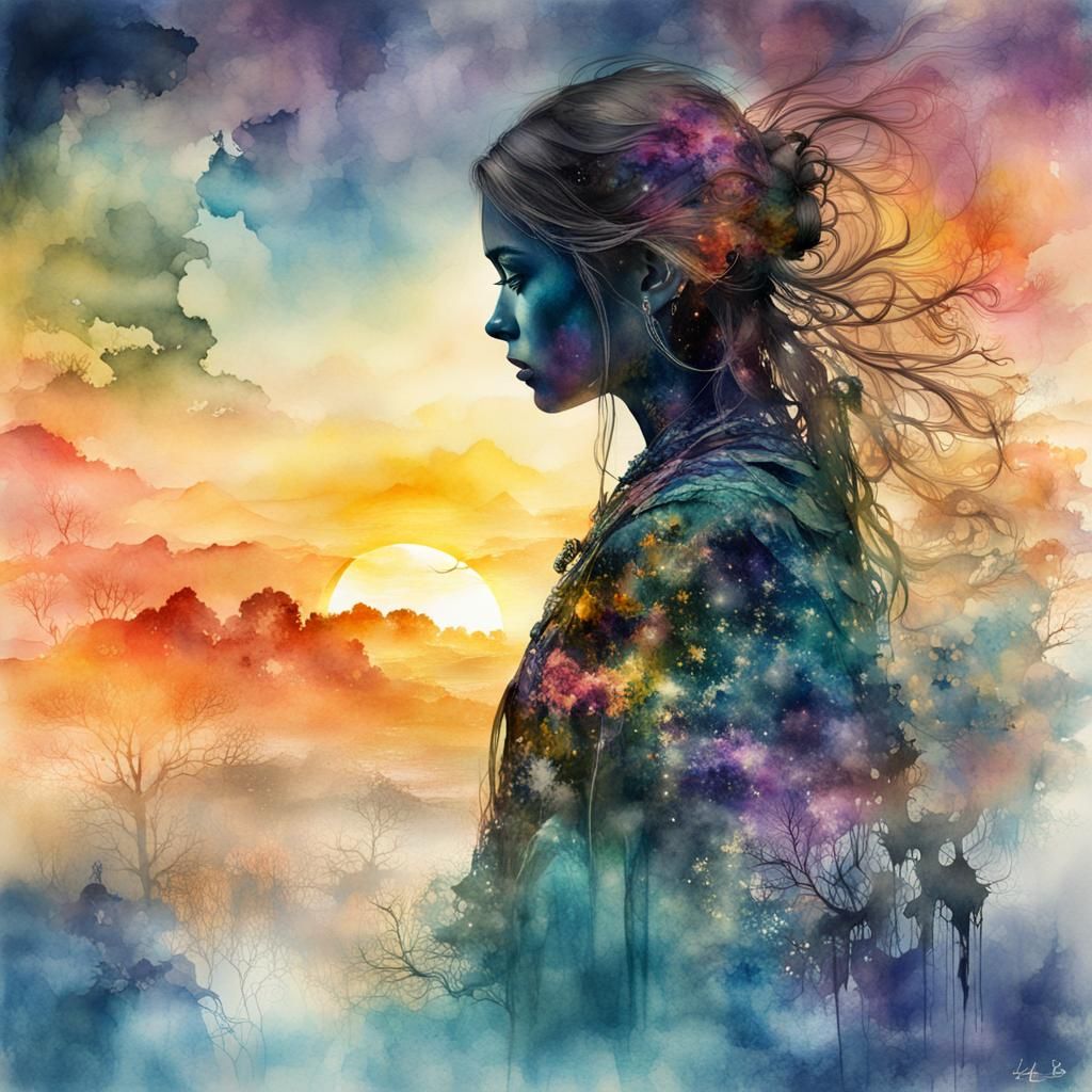 Mystical Silhouette Portrait in Watercolor Style