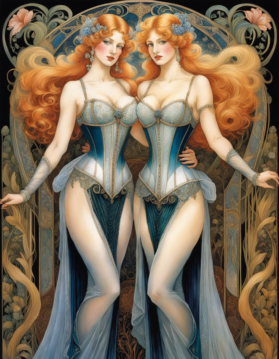Two Corseted Girls in Art Nouveau Style