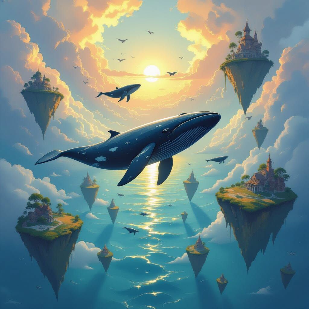 Flying Whales Above Golden Ocean: Surreal Scene
