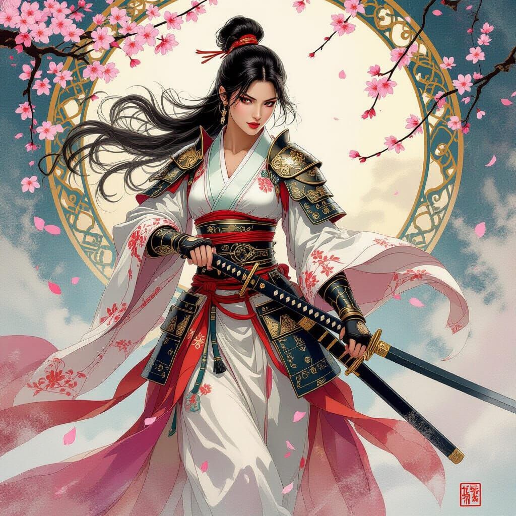 Female Warrior in Battle Scene, Flowing Silk Robes