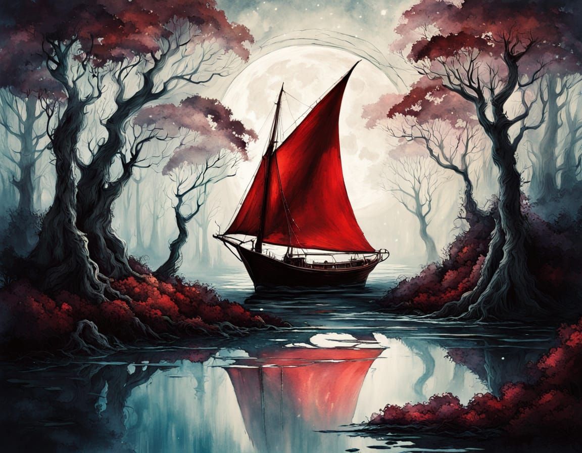 Crimson Sailboat in Moonlit Forest Clearing