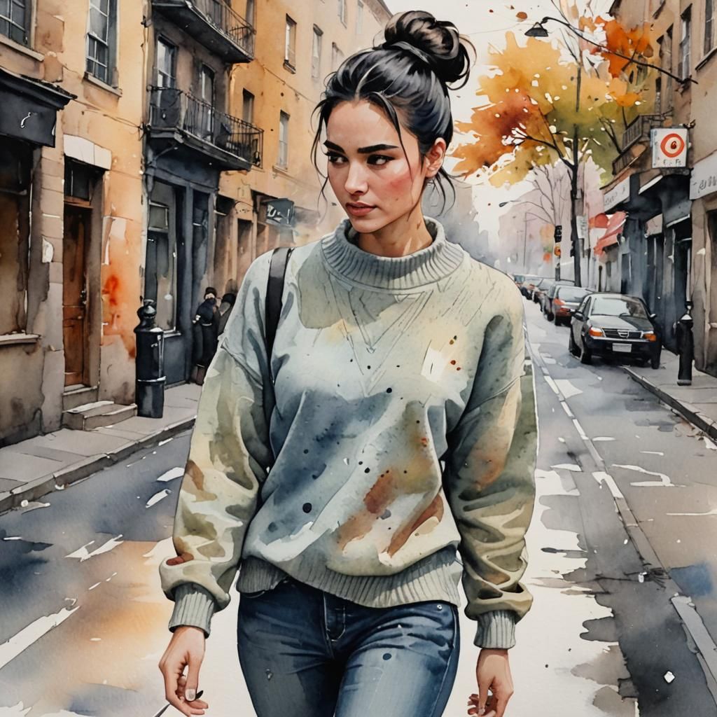 Girl Walking Down Street in Watercolor Painting