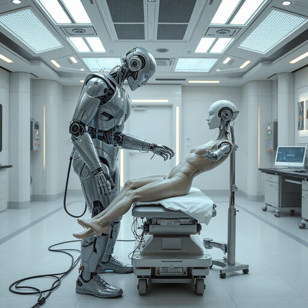Futuristic Robot Constructs Human in High-Tech Laboratory