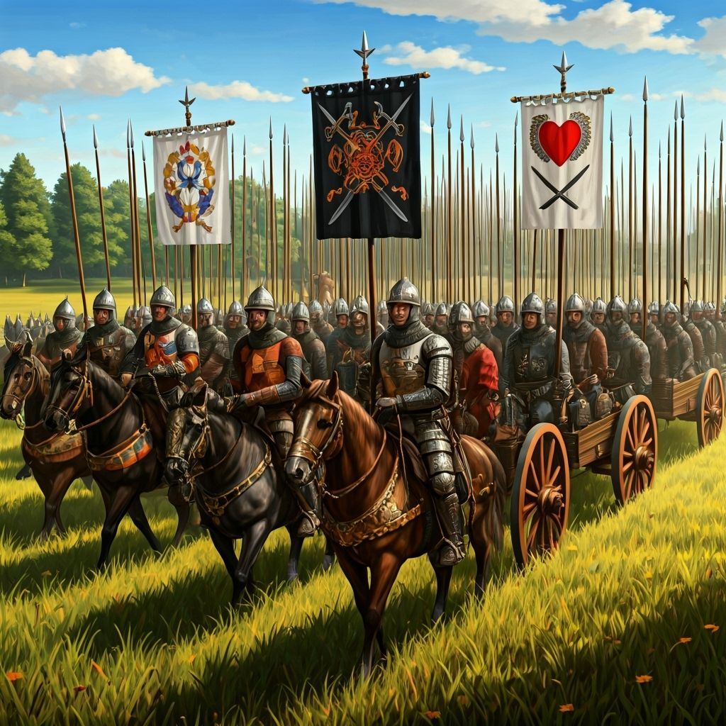 Medieval Army Marching with Banners and Carts