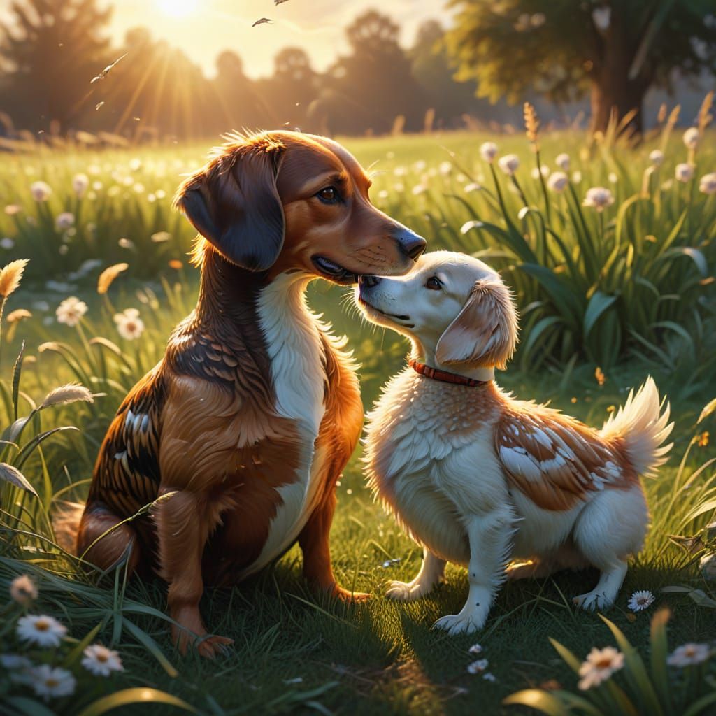 Whimsical Duck and Dog Friends in Golden Hour Field