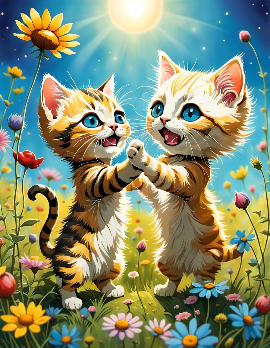 Chibi Kittens High Five at Dawn in Art Brut Style