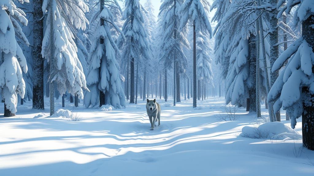Hyperrealistic Wolf in Winter Forest Landscape