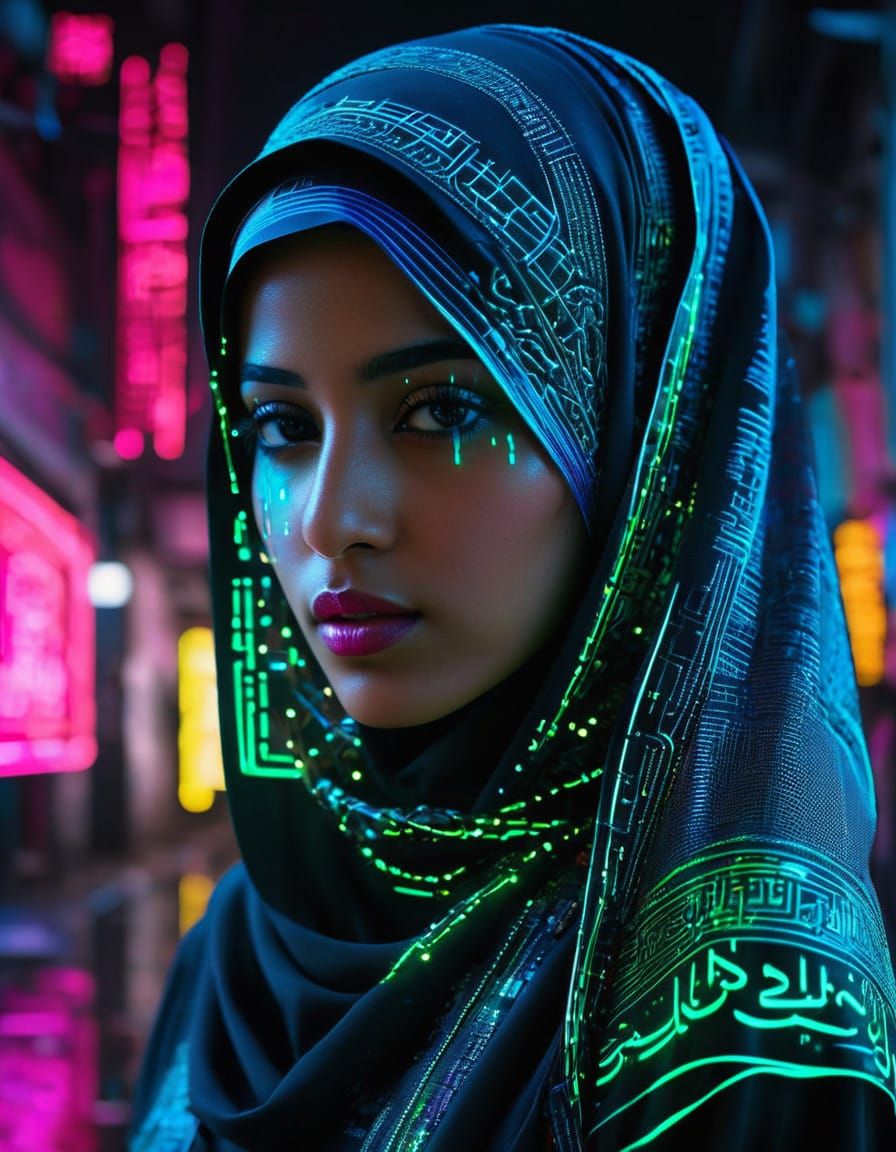 Palestinian Woman in Cyberpunk Elegance