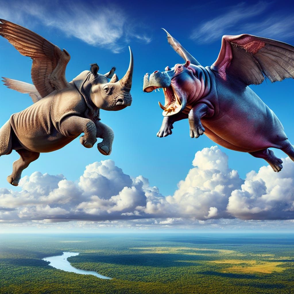Flying Rhinoceros vs Hippopotamus Aerial Battle
