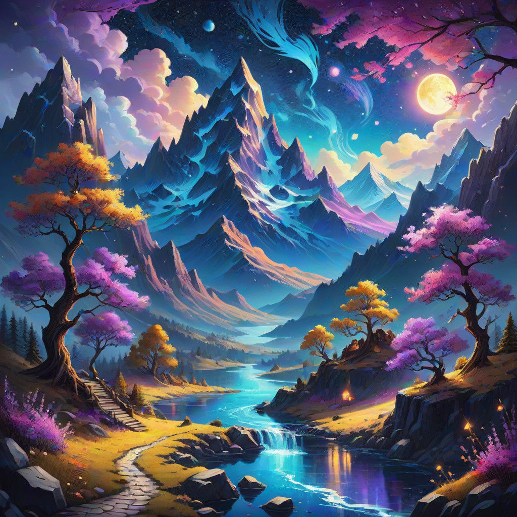 Ethereal Fantasy Night Sky with Glowing Mountains