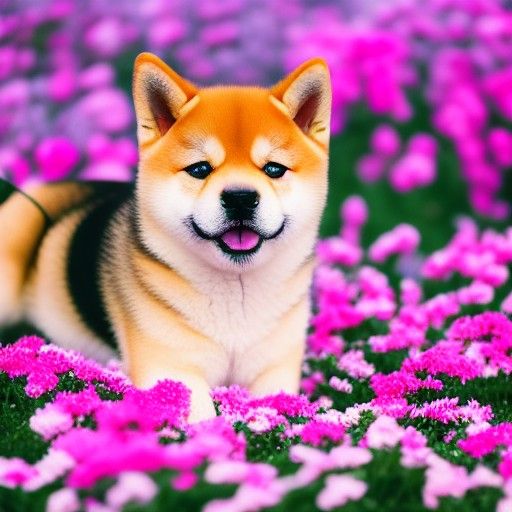 Shiba Inu Puppy in bed of Pink Flowers