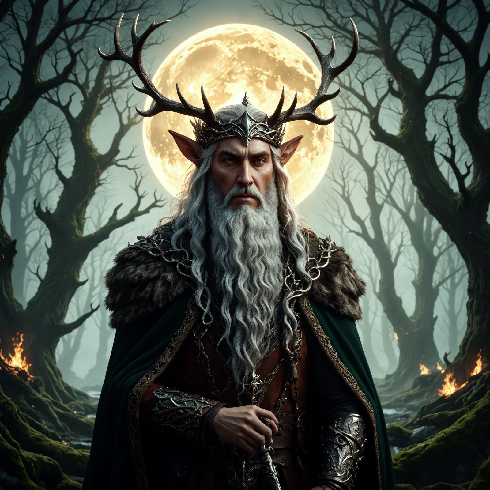The Elven King in Dark Fantasy Style with Majestic Antlers a...