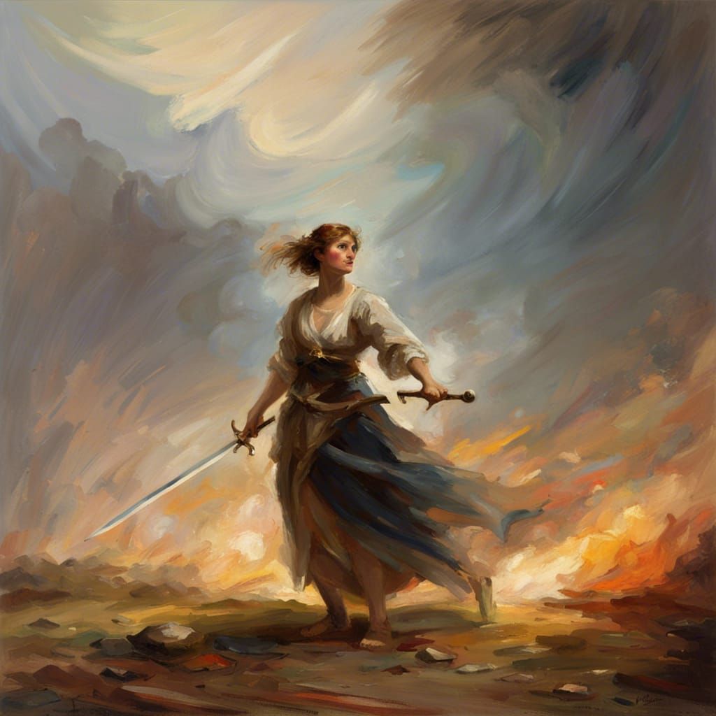 Impressionist Woman Warrior on Battlefield