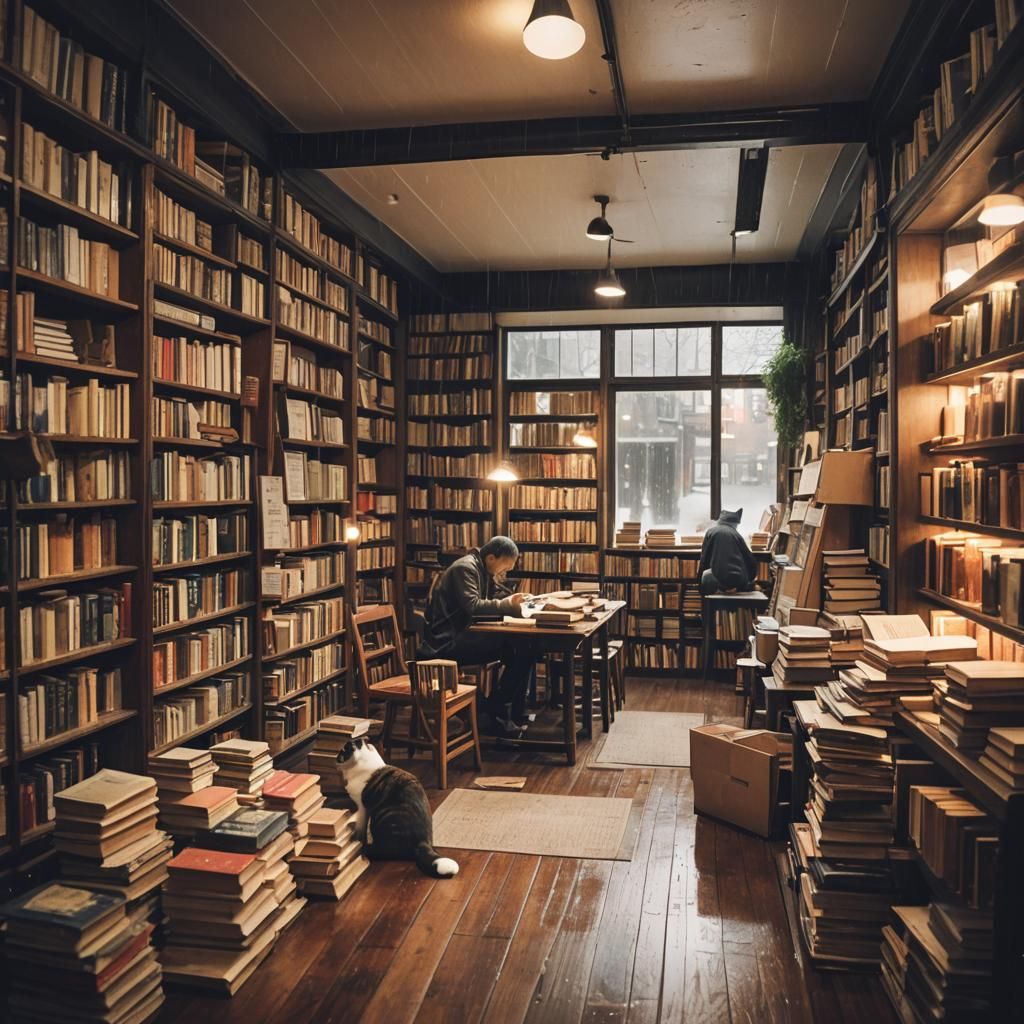 Cozy Bookstore Interior on a Rainy Day