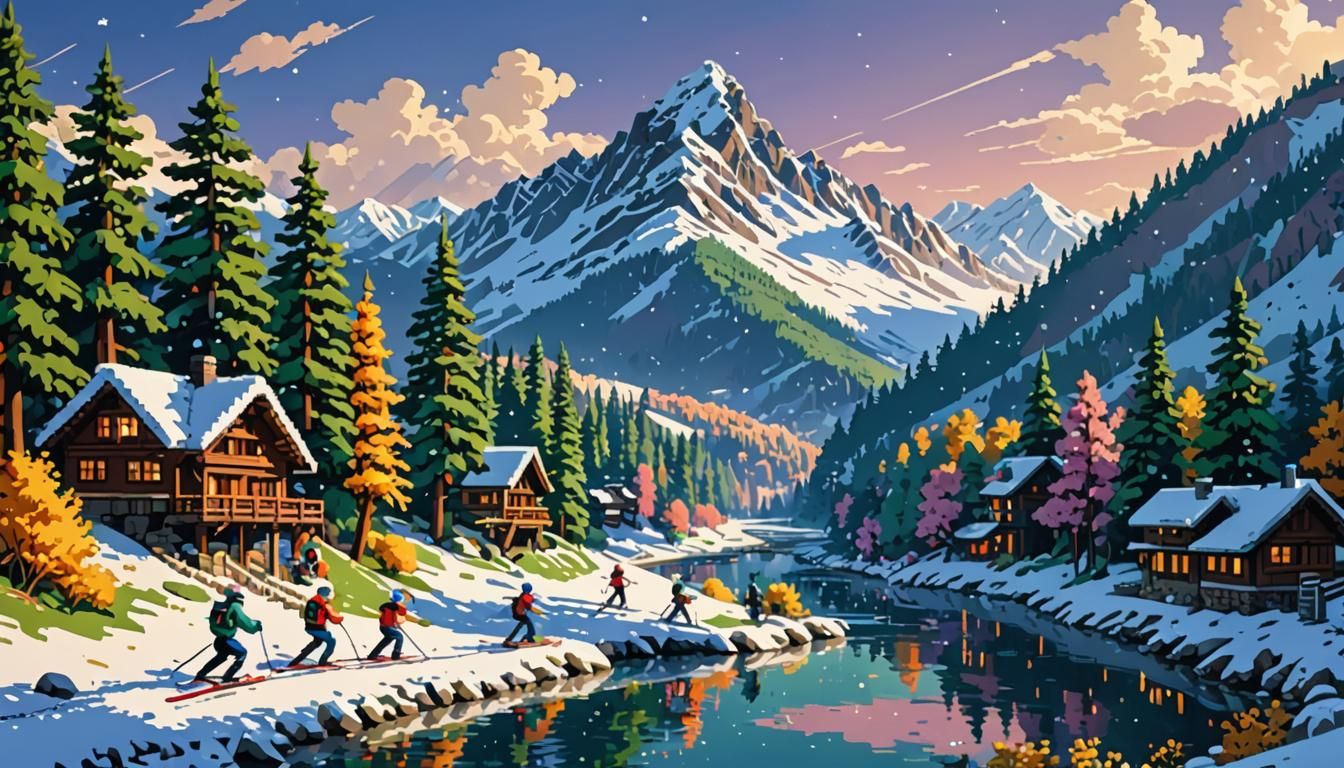 Charming Pixel Art Family Skiing in Winter Wonderland